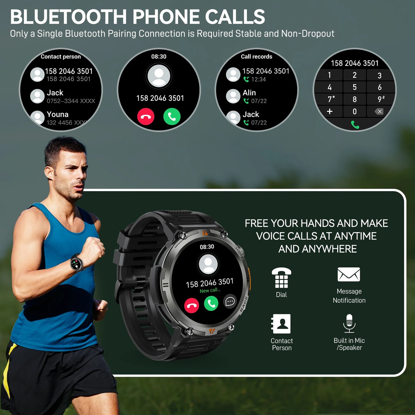 EIGIIS KE3 Smart Watch - Bluetooth Call, Health Monitor & Flashlight for Men