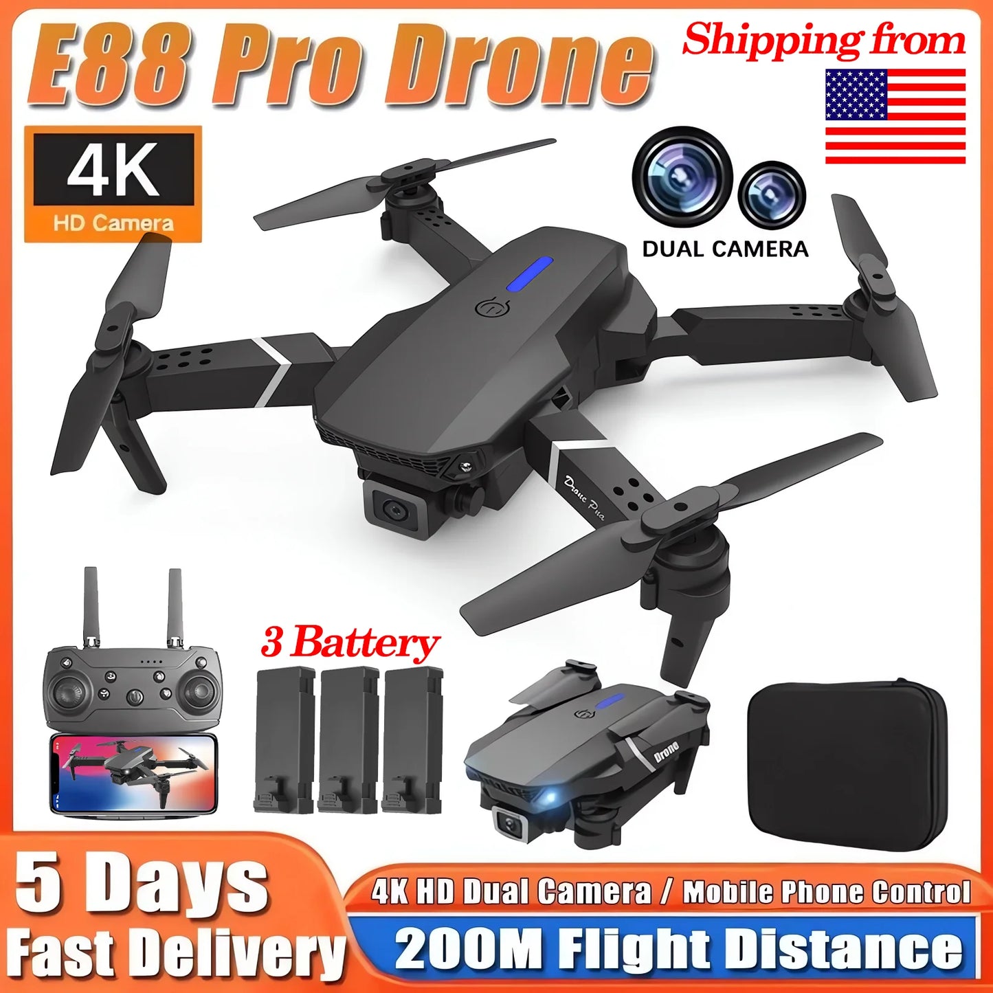 E88Pro 4K RC Drone - Professional Foldable Quadcopter with HD Camera & 3 Batteries
