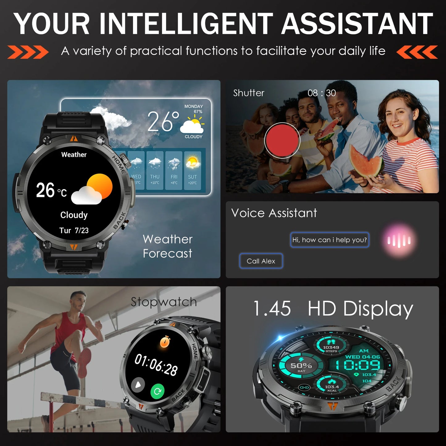 EIGIIS KE3 Smart Watch - Bluetooth Call, Health Monitor & Flashlight for Men